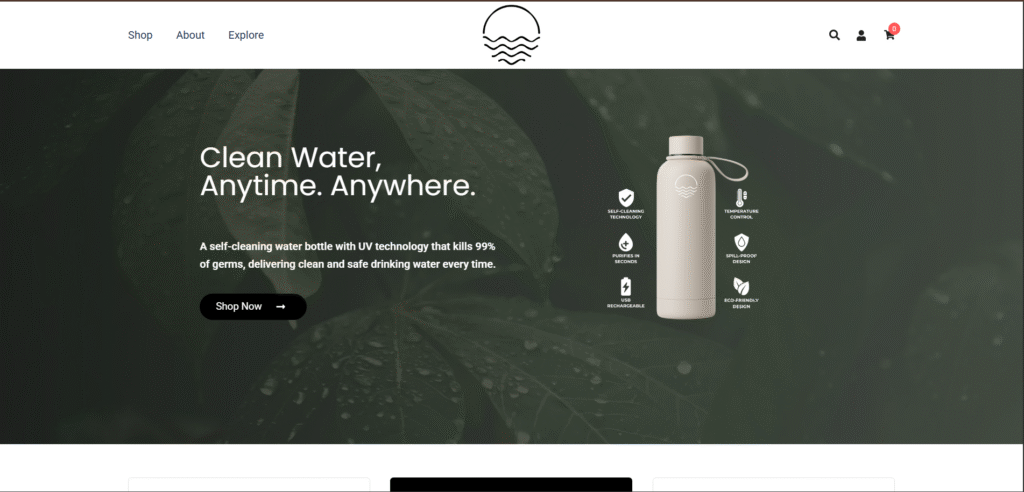 home page of a product website